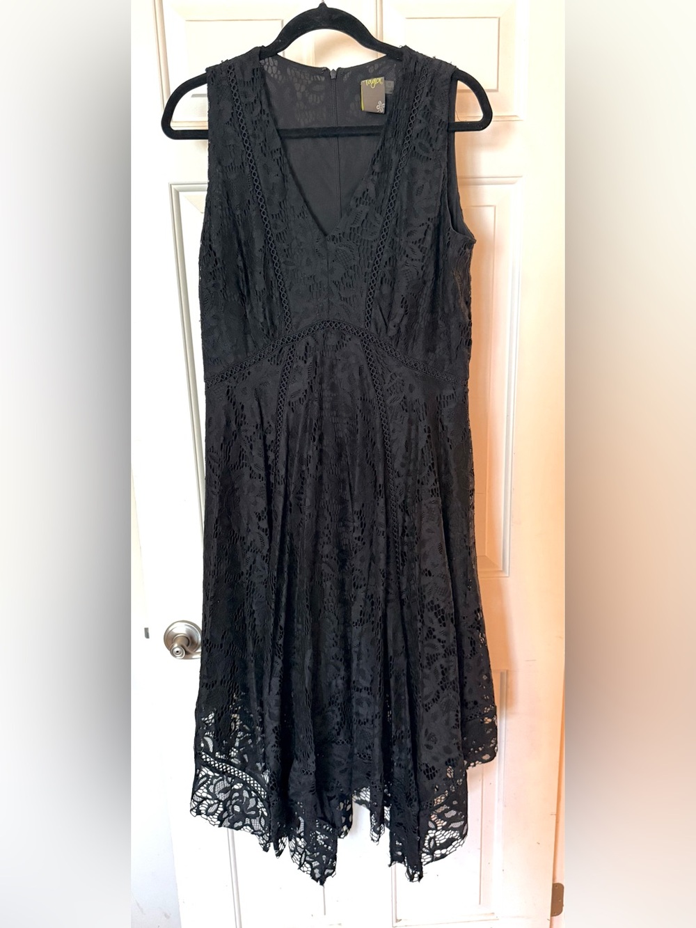 Taylor Dresses Elegant Black Lace V-Neck Dress Asymmetrical with Shark Bite Hem